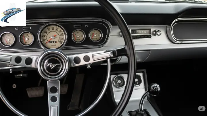 Close no painel do Ford Mustang 1964 com mostradores originais e volante clássico
