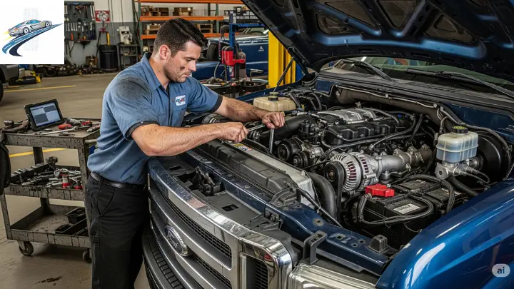 Mecânico arrumando um motor de 4 tempos de um caminhão