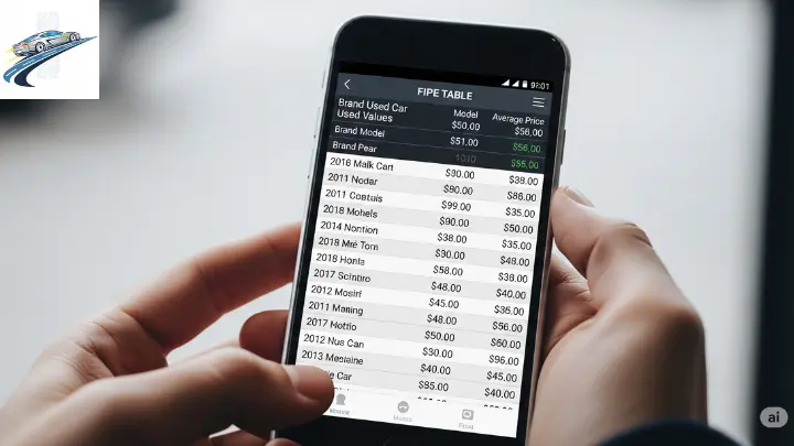 Tabela Fipe sendo consultada em um smartphone, com valores de carros usados sendo analisados