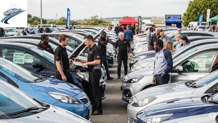 Vendedores de carros usados interagindo com compradores durante o feirão