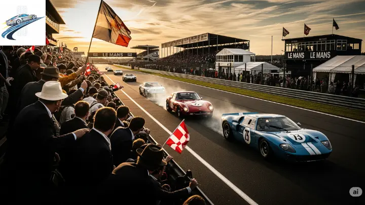 cena de carros antigos de corrida em alta velocidade em Le Mans, com torcida nas arquibancadas