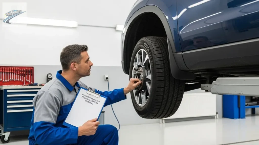 Audi e-tron vs Lexus RX Hybrid no trânsito de São Paulo 8 Mecânico inspecionando pneus e suspensão de um SUV em oficina.