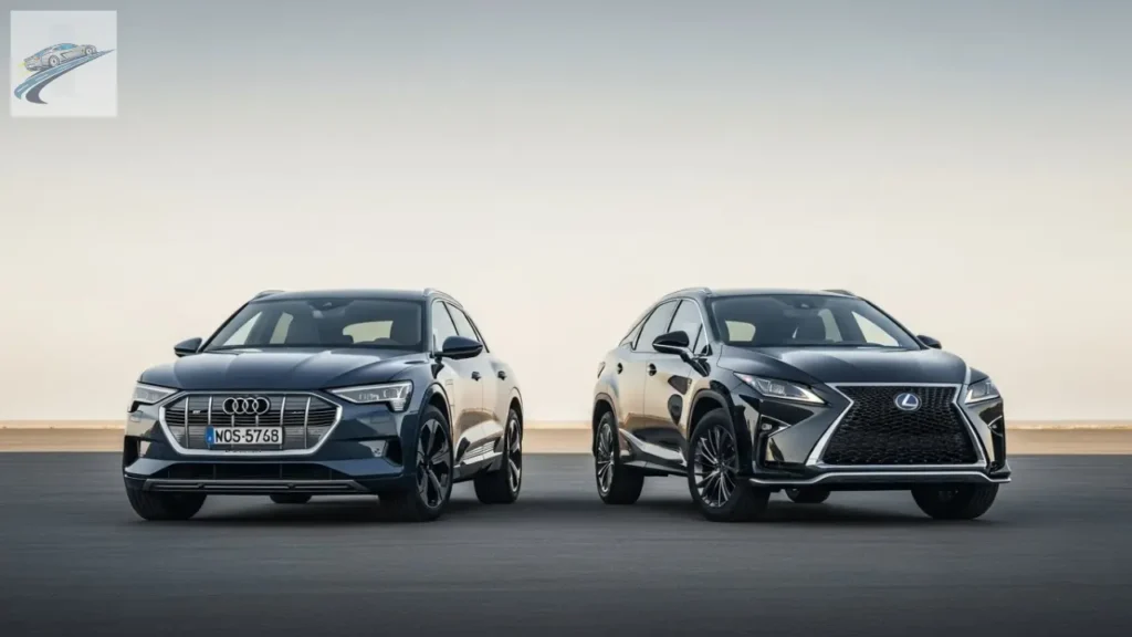 Audi e-tron vs Lexus RX Hybrid no trânsito de São Paulo 9 Audi e-tron e Lexus RX Hybrid lado a lado em ambiente neutro.