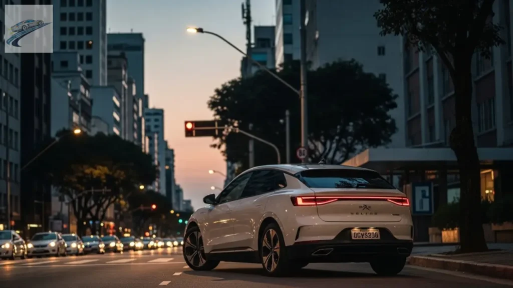 Carro elétrico em cenário urbano de São Paulo ao entardecer.