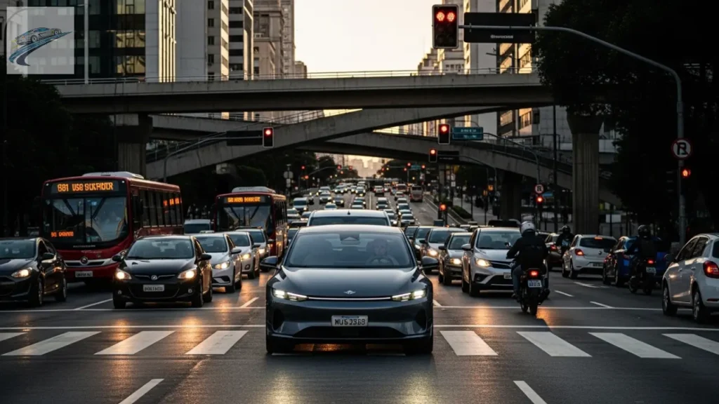 Carro elétrico no trânsito anda-e-para em São Paulo ao entardecer.