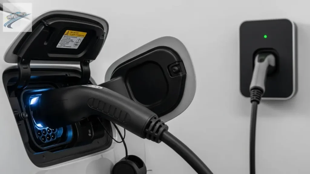 BYD e as tendências de carros elétricos 4 Cabo conectado em wallbox residencial para recarga de carro elétrico.