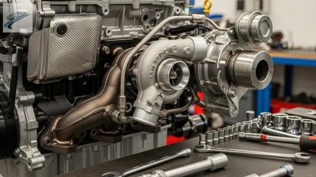 Turbina instalada em motor aspirado com coletor e linhas de óleo.