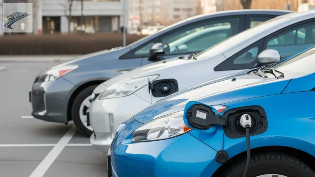 Comparação visual entre HEV, PHEV e elétrico com portas de carregamento.