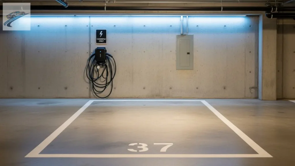 Carregador de parede instalado em vaga de condomínio.