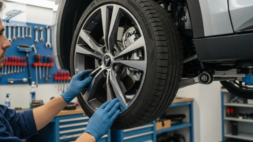 Inspeção de pneus e freios em carro elétrico na oficina.