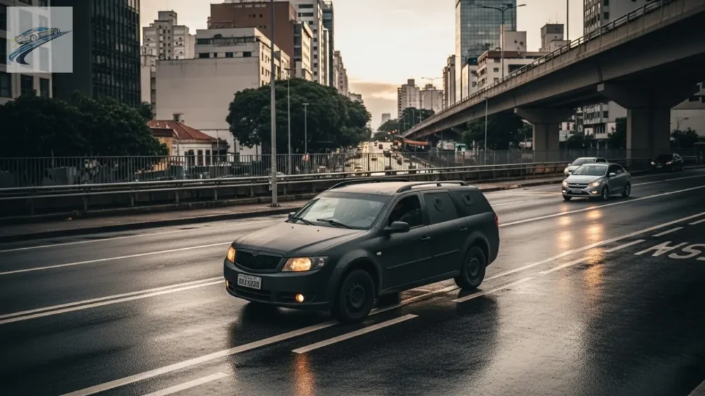 Carro blindado no trânsito urbano de São Paulo em fim de tarde.