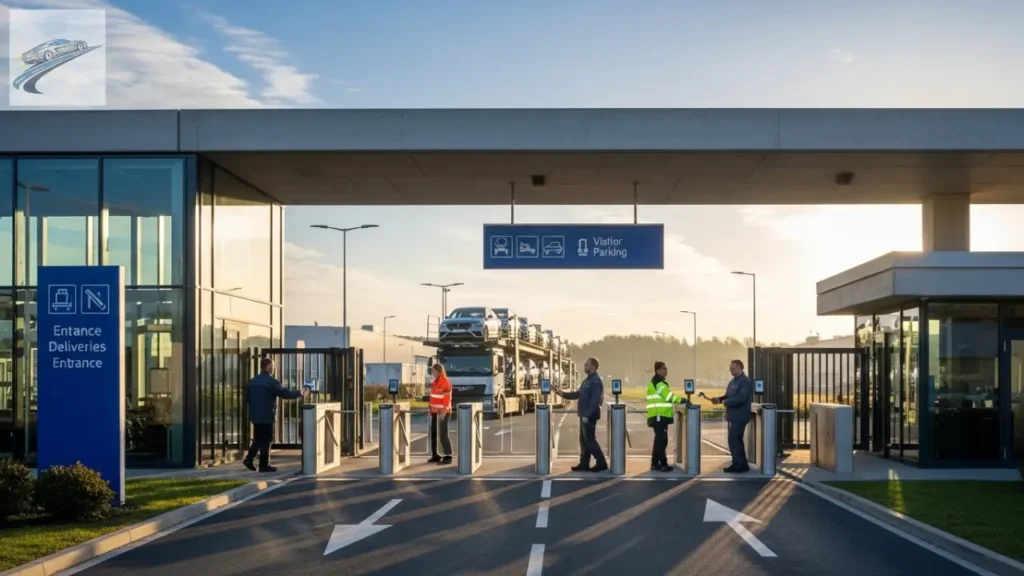 Entrada de uma fábrica automotiva moderna com logística ao fundo.
