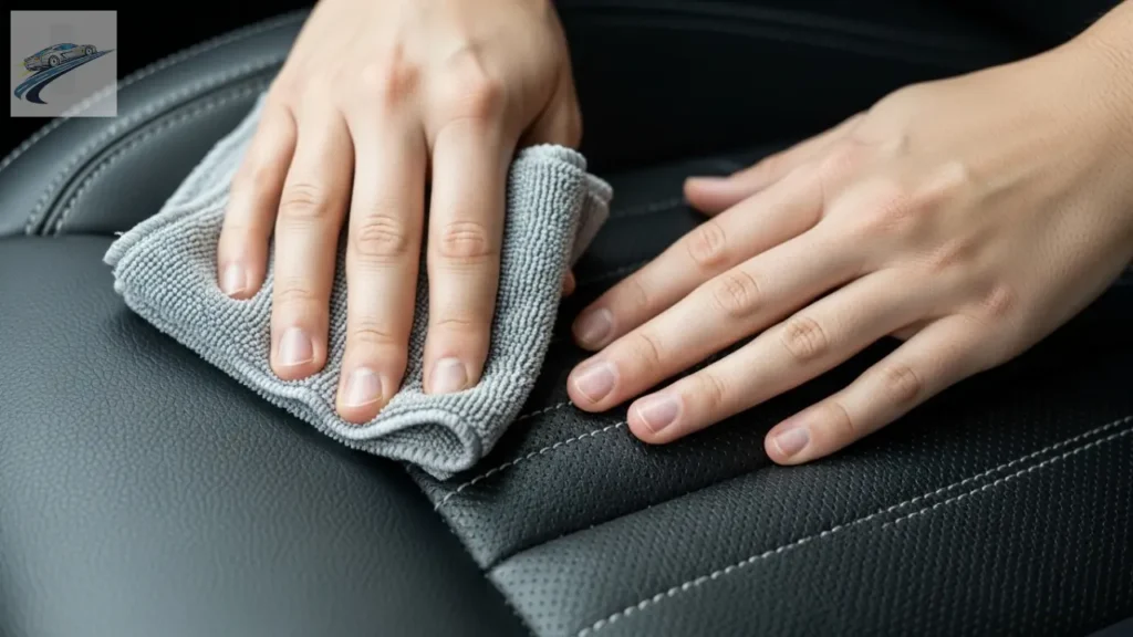 Limpeza leve com microfibra e limpador neutro em banco de couro.