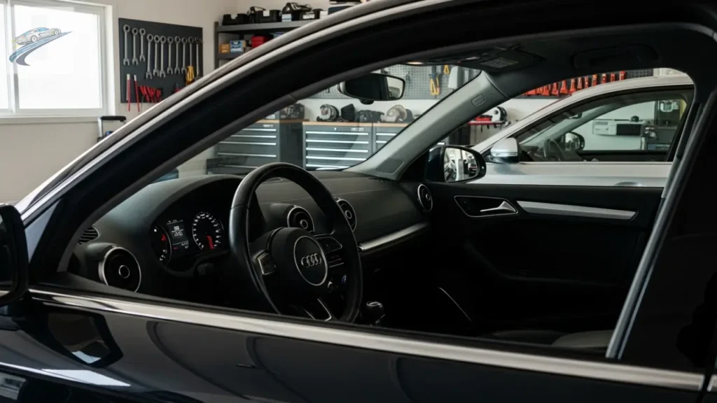 Dois carros premium em garagem com foco em acabamento e interior.