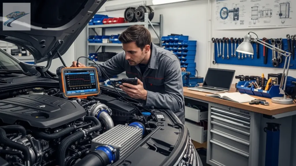 Mecânico usando scanner em motor turbo com capô aberto.