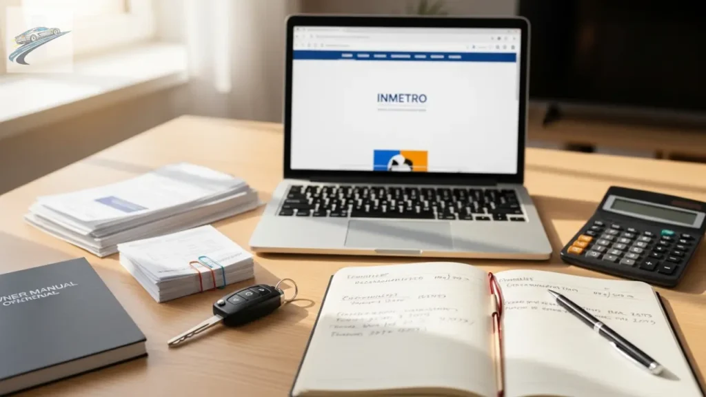 Documentos do carro e notebook consultando consumo no INMETRO.