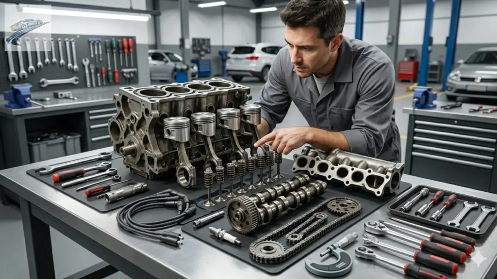 Motor 4 tempos: como funciona de verdade 5 peças principais do motor 4 tempos em bancada de oficina