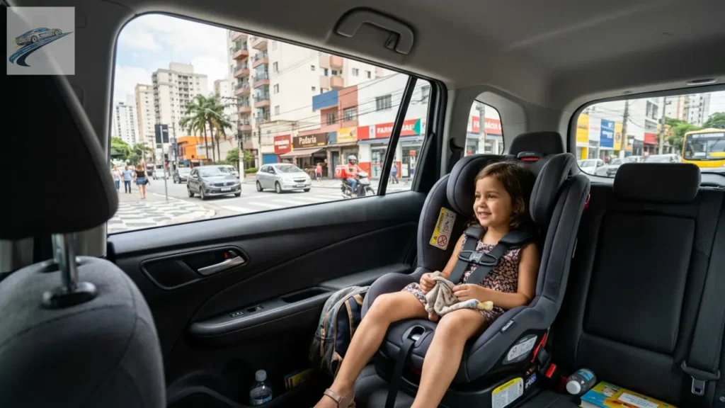 Cadeirinha para transporte de crianças instalada no banco traseiro em carro na cidade de São Paulo