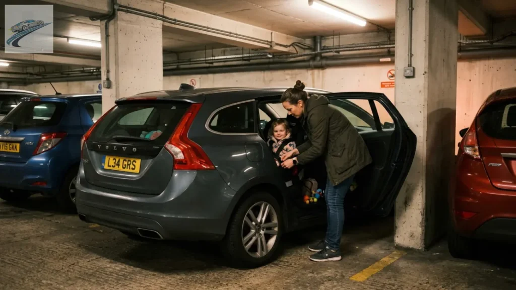 Rotina de embarque com cadeirinha infantil em garagem urbana