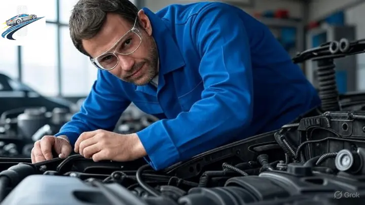 Levar o carro no mecânico: o que você precisa saber 3 Mecânico fazendo uma revisão de um carro, com atenção especial ao motor 1