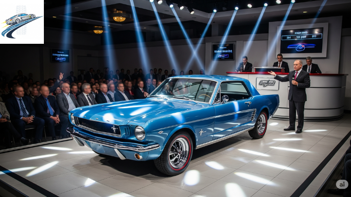 Cena de leilão com um Ford Mustang 1964 restaurado, luzes refletindo na pintura