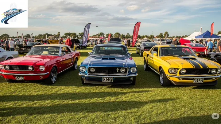 Comparação visual entre Ford Mustang 1964, 1967 e 1969 lado a lado em um evento de carros antigos